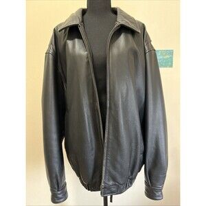 St John's Bay Men's Leather Bomber Jacket Black Size Large Full Zip Lined